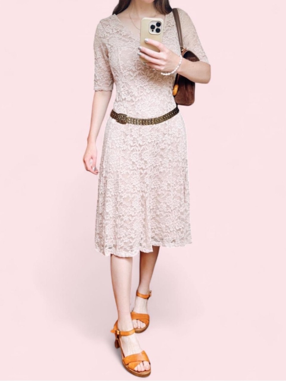 Candalite lace V-neck blush midi dress